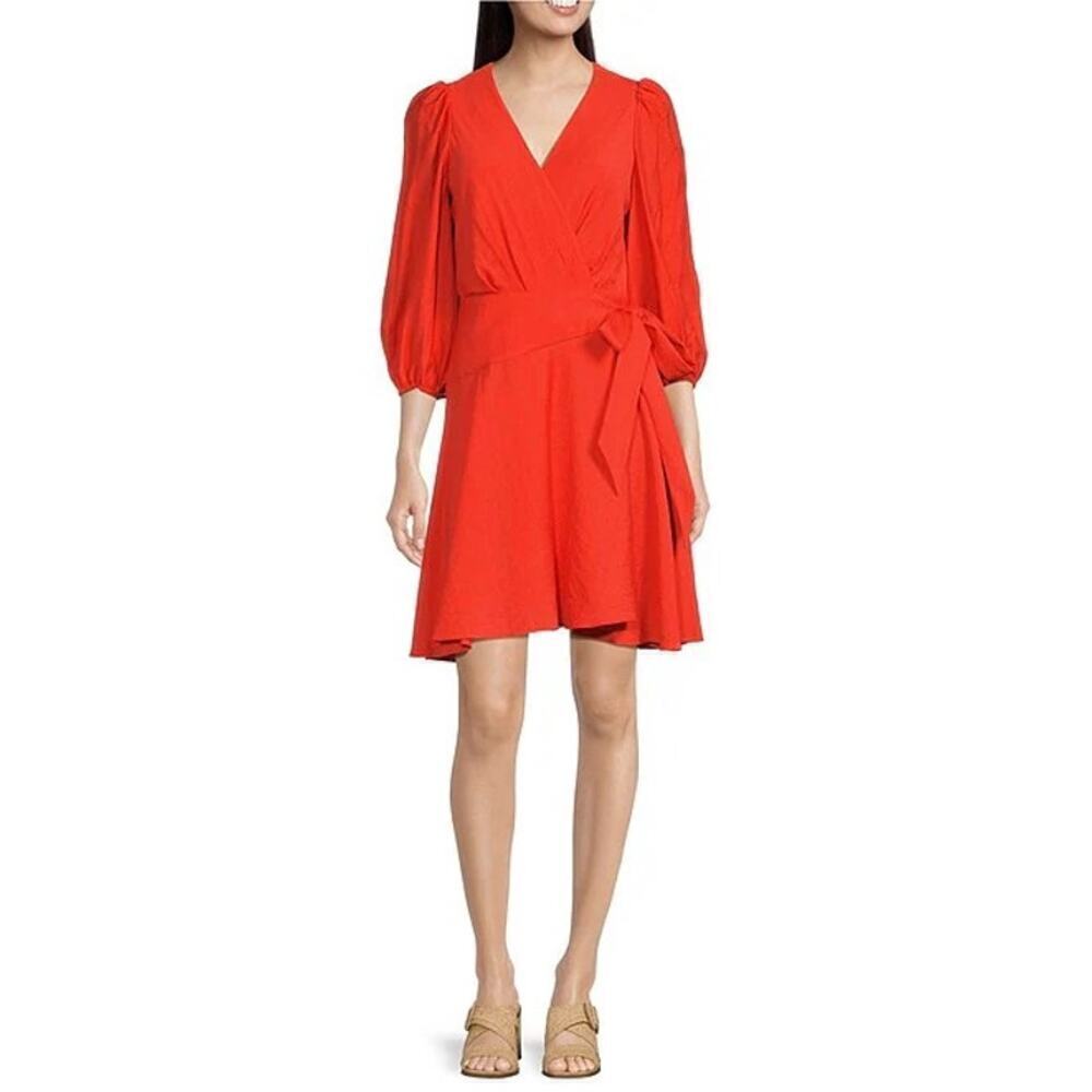 Alex Marie Chasing Sunset Orange Enola Surplice V-Neck 3/4 Sleeve Wrap Dress NWT